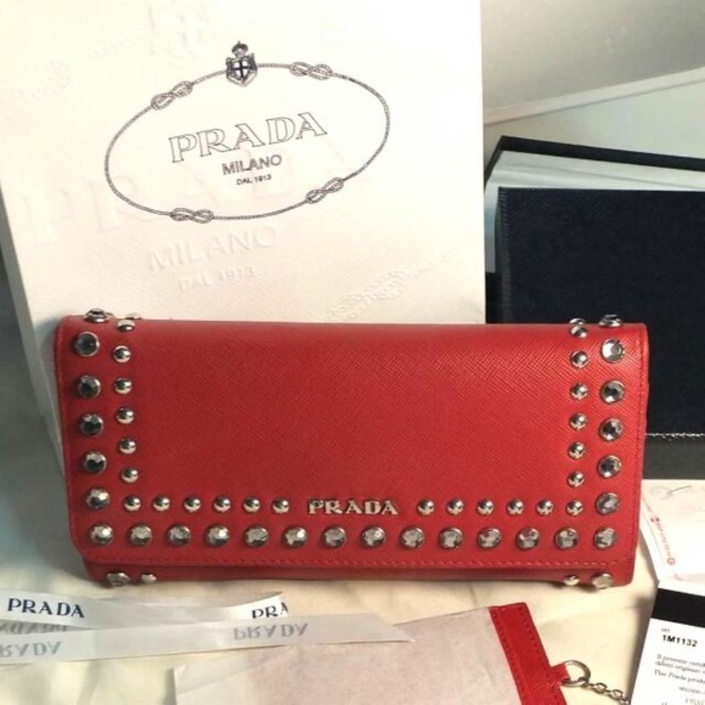 PRADA RED SAFFIANO STUDDED BORCHI CONTINENTAL WALLET
